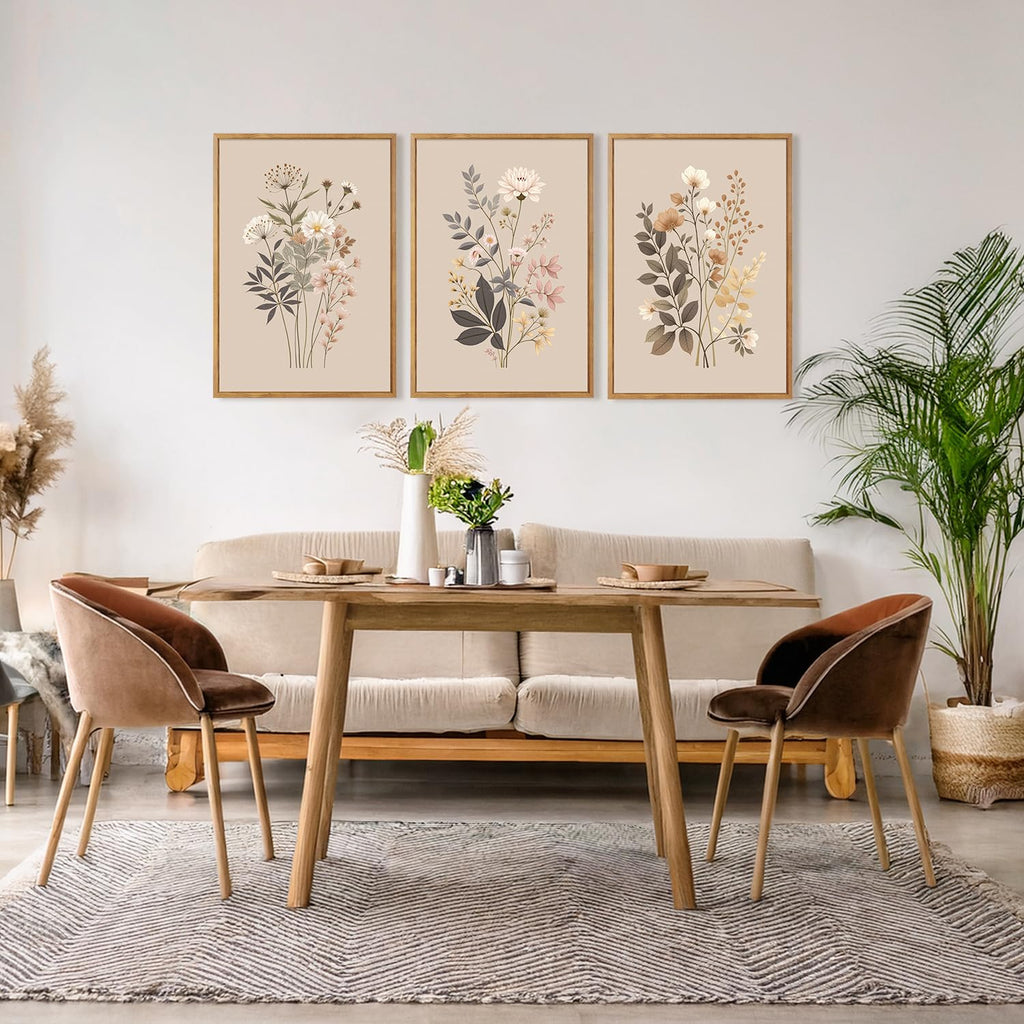 Botanical Flower Framed Canvas Wall Art Set Of 3, Modern Nature Wildflower Wall Decor, Rustic Floral Wall Painting