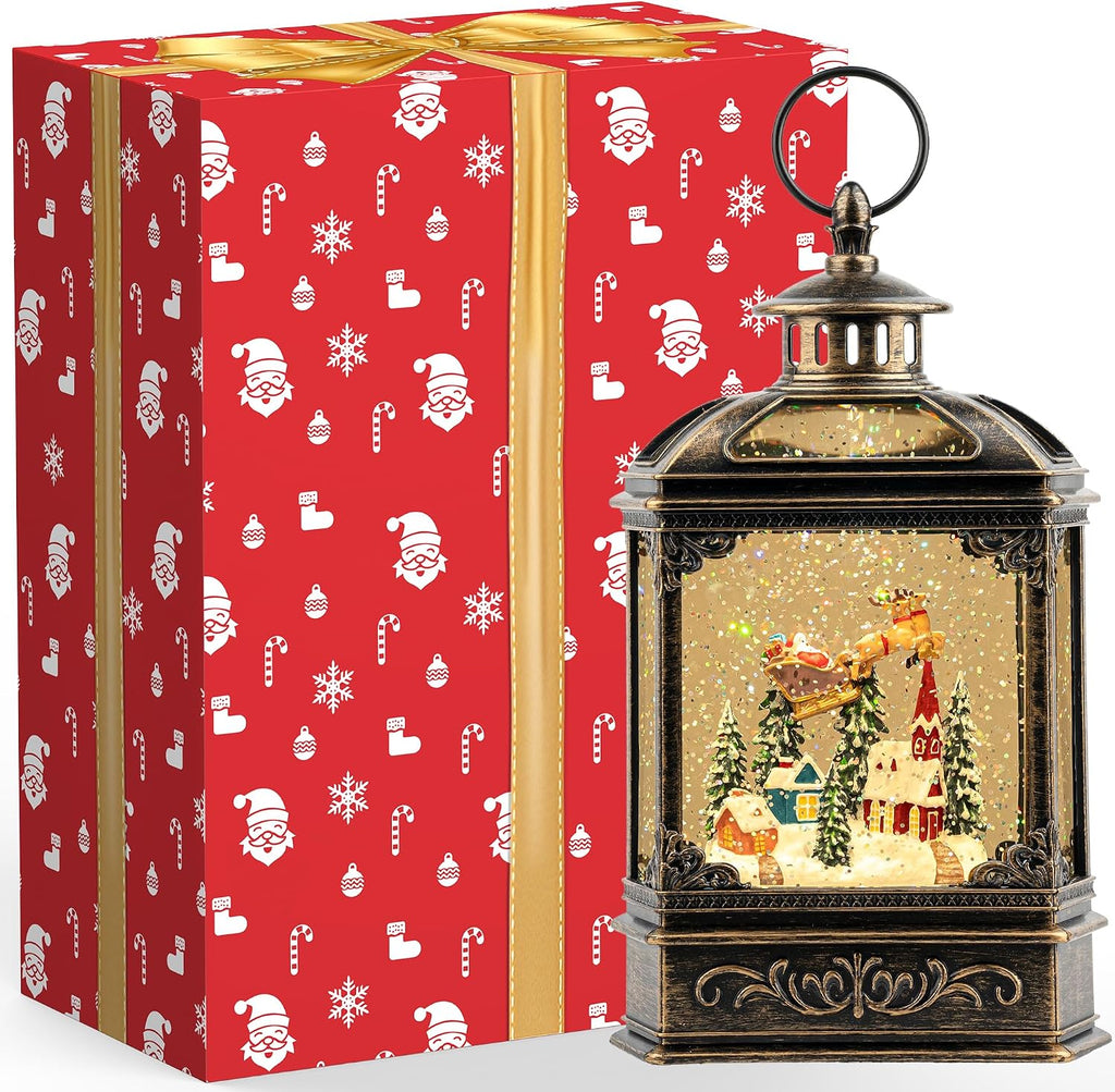 Christmas Snow Globe Lighted Church & Flying Santa Scene, Musical Snow Water Lantern Swirling Glittering Home