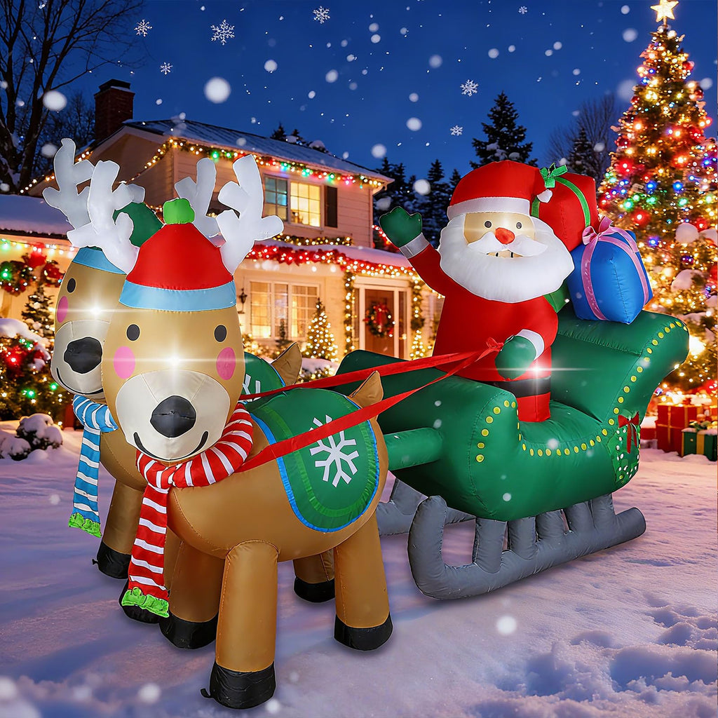 6.7FT Christmas Inflatable Santa Sleigh with Two Reindeer, Christmas Blow Up Yard Decorations, Outdoor Christmas