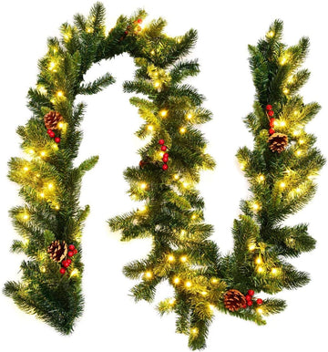 Prelit Artificial Pine Garland w/100 LED Lights, Pine Cones, Red Berries & Timer, Lighted Christmas Garland