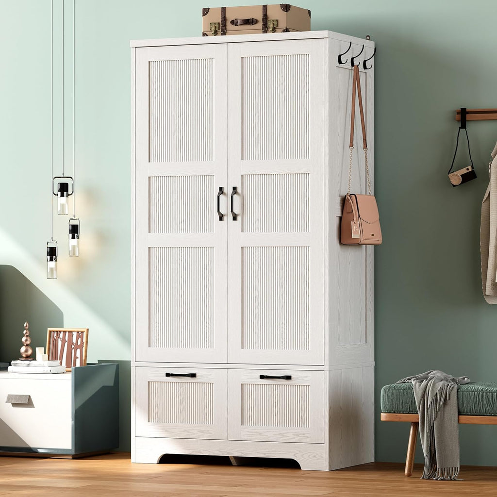 71" Wooden Armoire Wardrobe Closet with 2 Drawers & Hanging Rod | Freestanding Clothing Storage Cabinet with 2 Doors