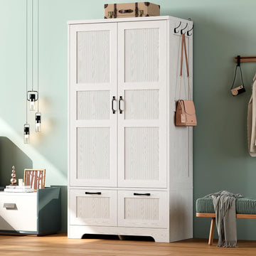 71" Wooden Armoire Wardrobe Closet with 2 Drawers & Hanging Rod | Freestanding Clothing Storage Cabinet with 2 Doors