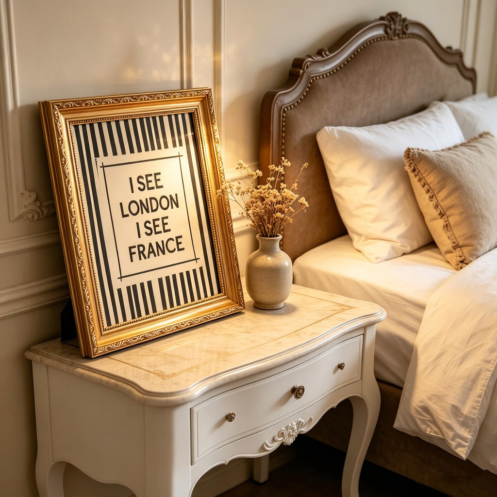 I SEE LONDON I SEE FRANCE Framed Canvas Print, Gold Ornate Wall Art, Funny Quote Bathroom Painting, Retro Black White