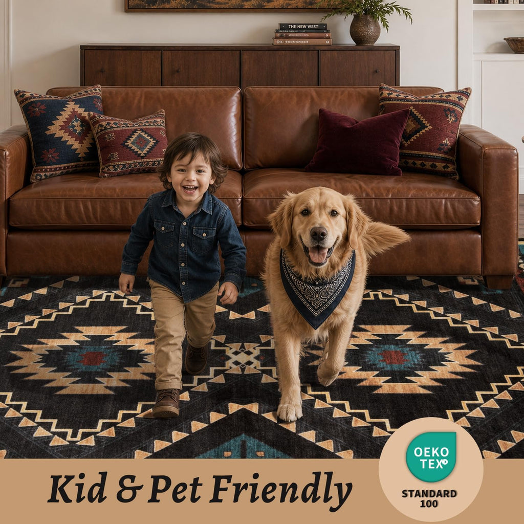 Western Rugs, Machine Washable Soft Non-Slip Aztec Area Rug, Low-Pile Southwest Non-Shedding Foldable Dining