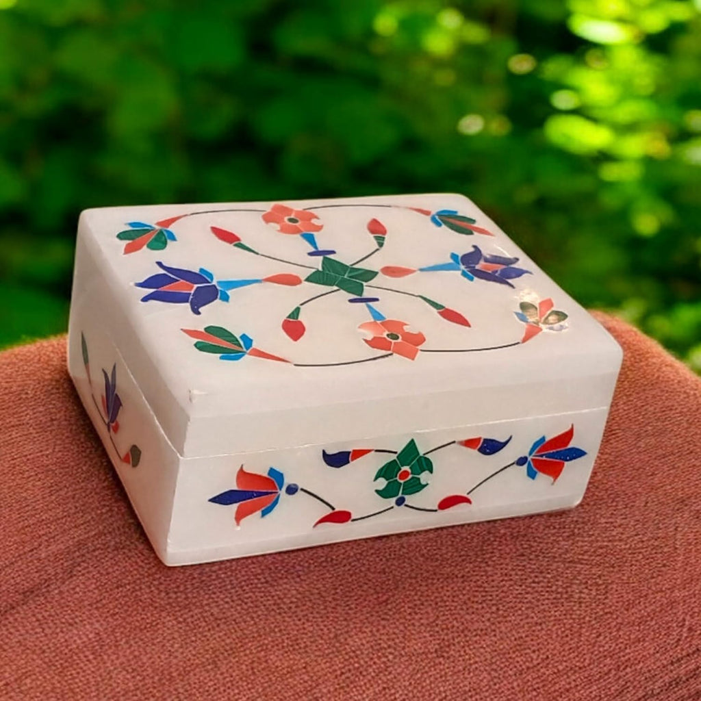 Marble Jewelry Box Organizer - Decorative Trinket Box - Hand carved Floral Design - Keepsake Box | Anniversary