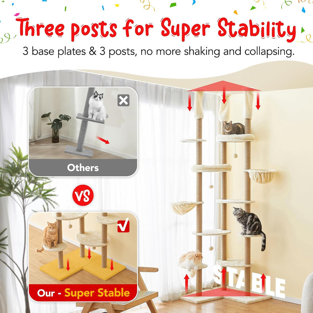 Floor to Ceiling Cat Tree, Tall Cat Tower Adjustable Height (88"-114"=223-290CM), 6-Tier Cat Climbing Tower with 18