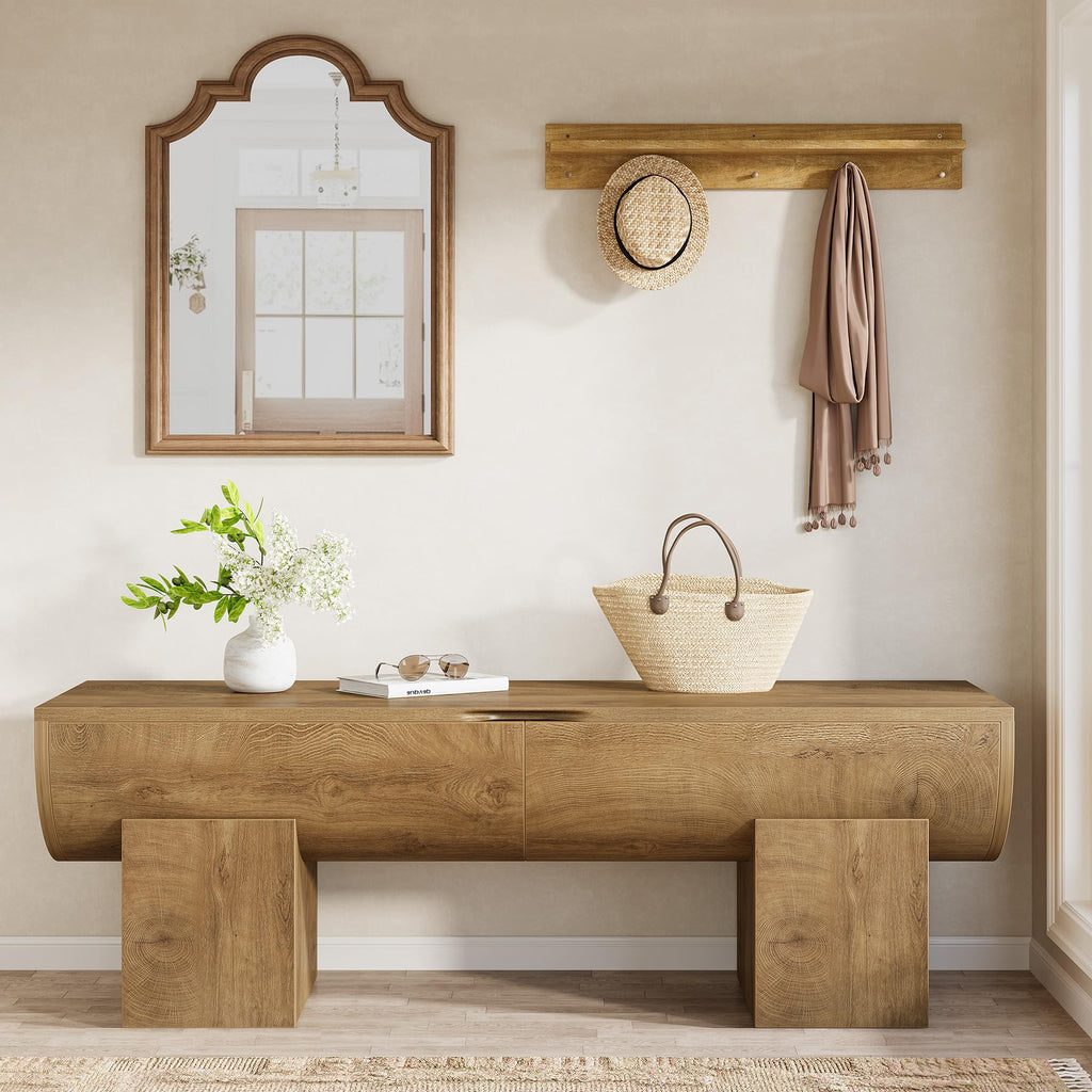55" Entryway Storage Bench with 2 Safety Hinges, Farmhouse Shoe Bench with Flip-Top Storage, Supports 350 lbs, Easy
