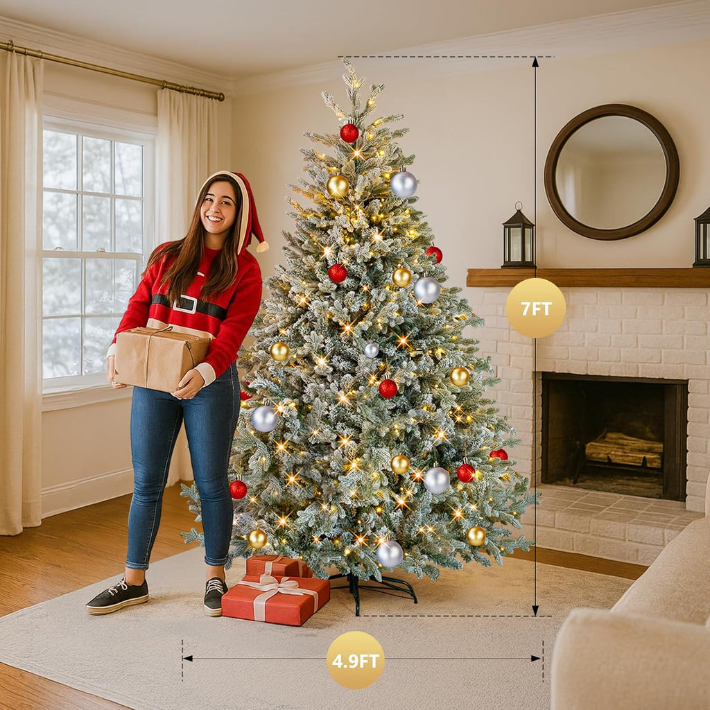 7ft Flocked Xmas Tree with 400 Warm White LED Lights, Pre-lit Design, 1100 Branch Tips, 8 Dynamic Modes, PE and PVC