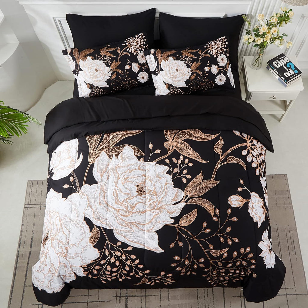 7 Piece Bed in a Bag Queen Comforter Set Botanical Floral Bedding Set,White Flowers Leaves Printed on Black