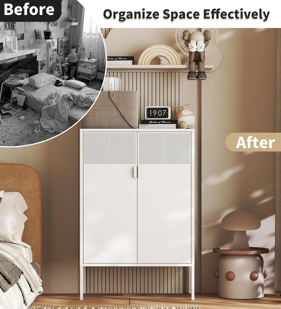 White Metal Storage Cabinet with 2 Doors - 47''H Locker Cabinet, 3 Tier Locker Door with Adjustable Shelves,Metal