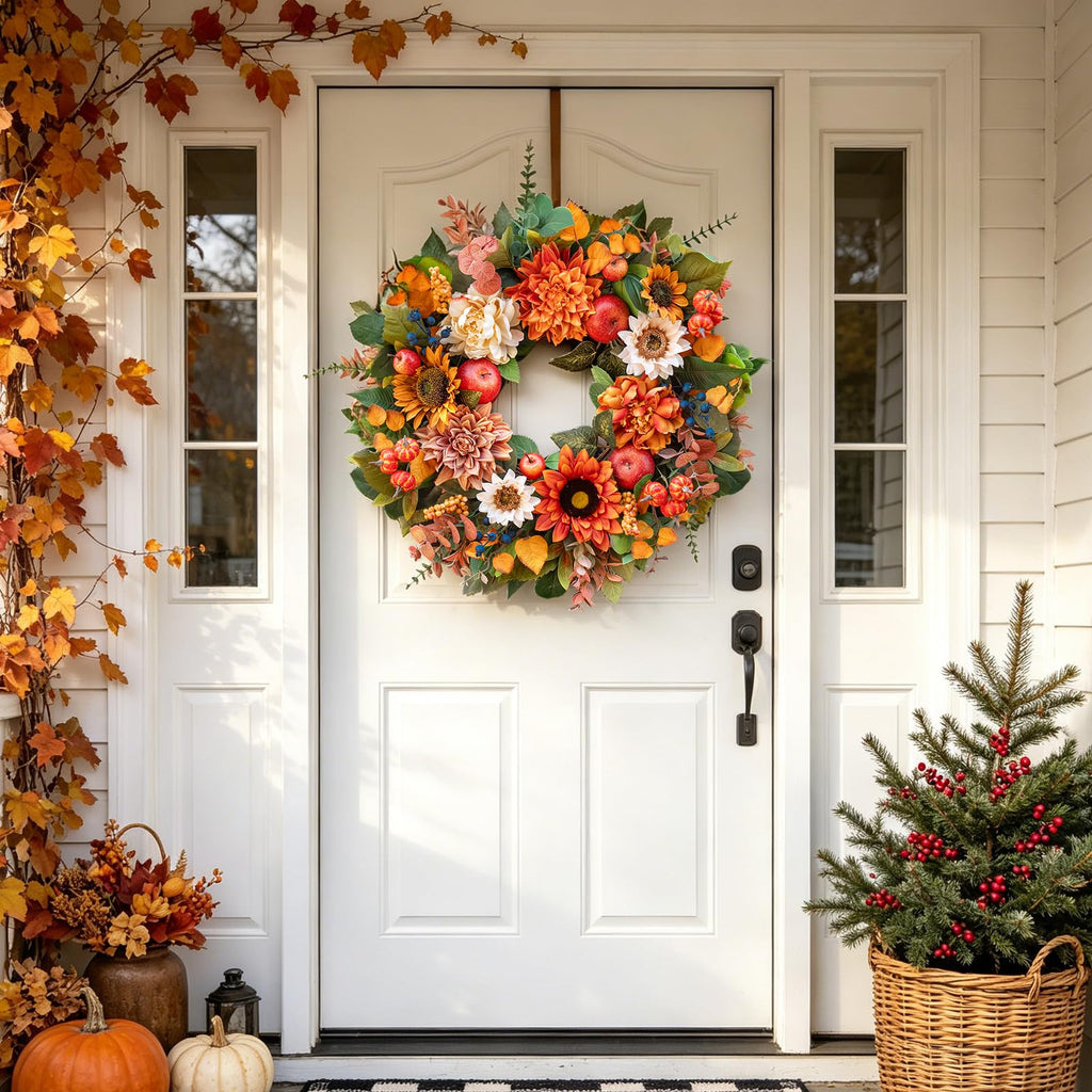 24 Inch Fall Wreaths for Front Door, Apple Wreath Artificial Autumn Wreath
