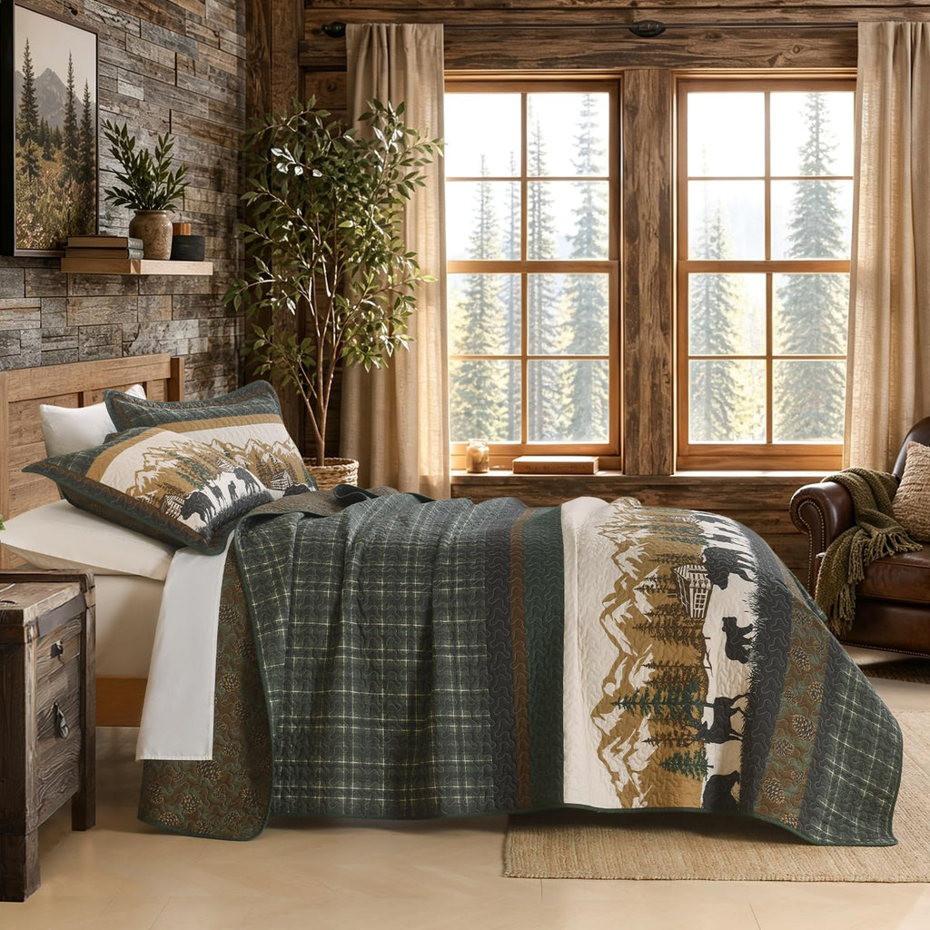 100% Cotton Quilt Set, Rustic Cabin Plaid Bear, Green/Brown