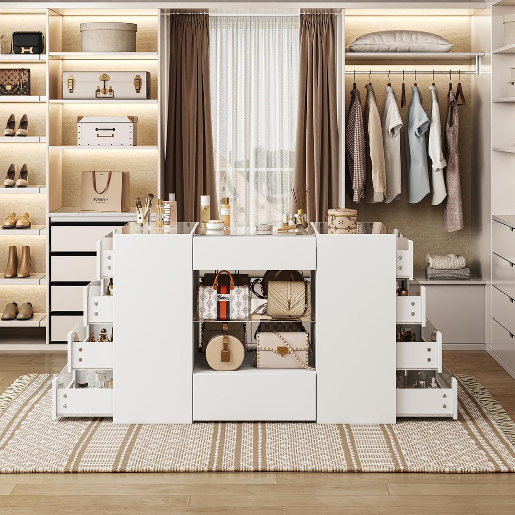 Closet Island with 12 Drawers, Glass Top & Display Shelves, White | Wardrobe Armoire Bedroom Island, White Dresser
