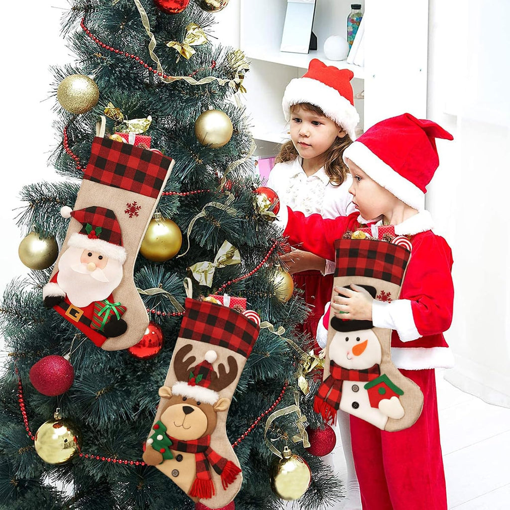 Christmas Stockings Large 18'' 3Pcs - Xmas Stocking Burlap with Plaid and Santa, Snowman, Reindeer for Family Holiday
