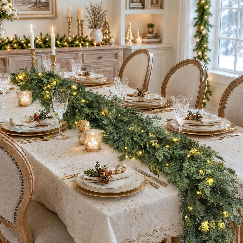 Pre-Lit Christmas Garland 9FT Decorations Real Touch Cedar Cypress Pine Greenery Artificial Green Christmas Garland - Set of 9