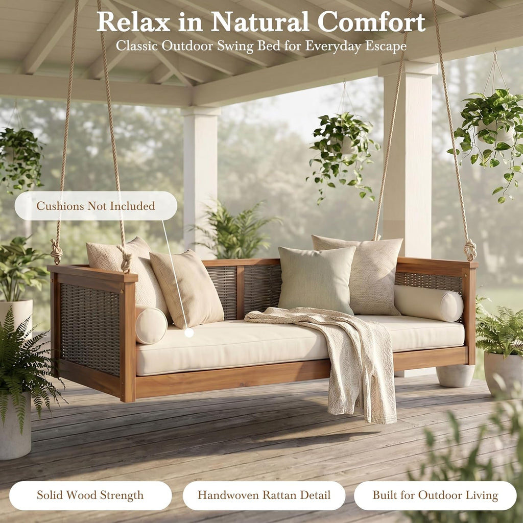 Twin Size Porch Swing Bed, Acacia Wood Outdoor Hanging Daybed with Hemp Rope, Rattan Swing Bench , Backyard, Garden