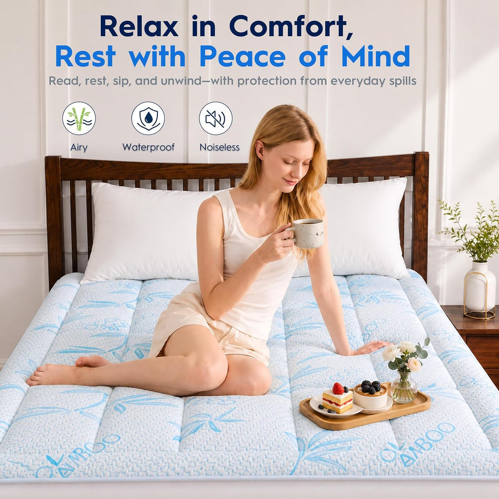 Waterproof Mattress Pad Queen Size, Cooling Mattress Protector for Hot Sleepers Made with Bamboo Viscose, Cloud-Soft