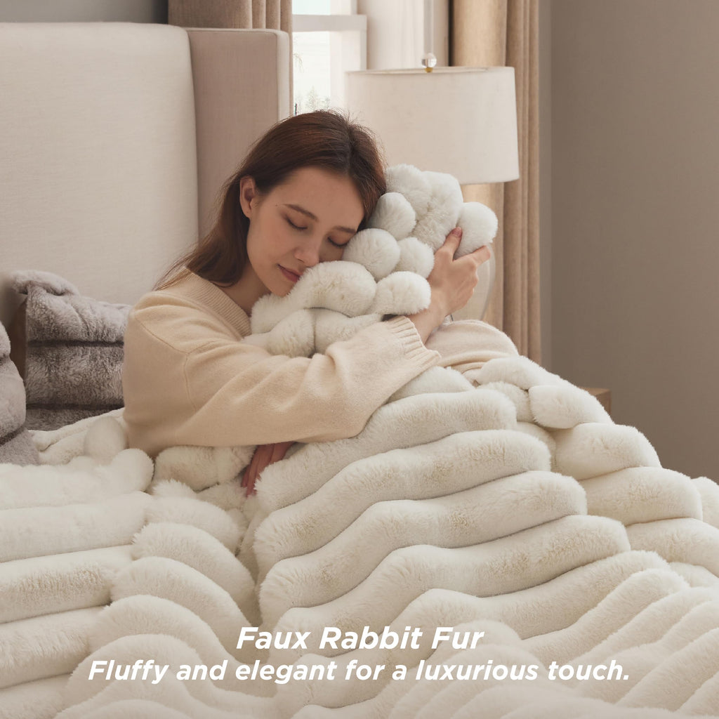 Faux Fur Queen Comforter Set, Striped Fluffy Bedding Sets Beige