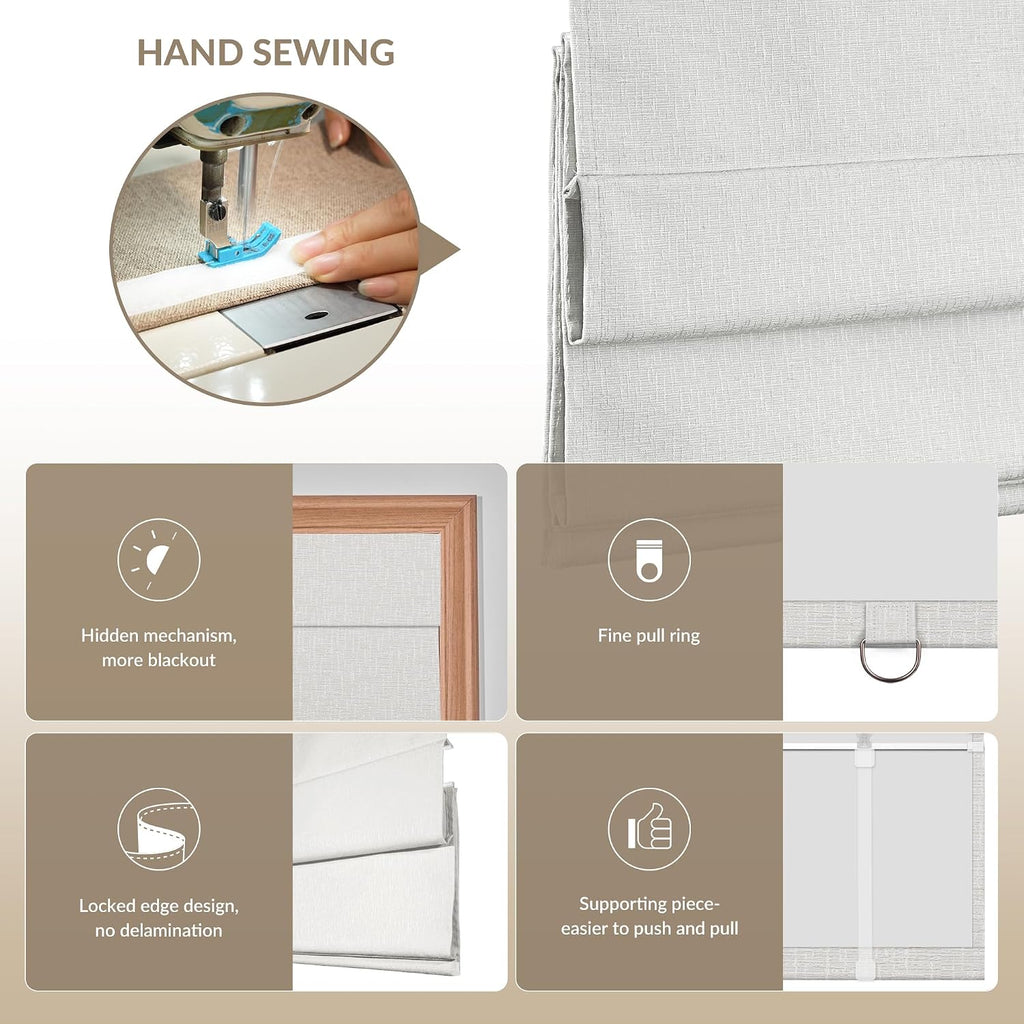 No Drill Cordless Roman Shades for Windows, No Fray Blackout Top Down Bottom Up Roman Blinds No Tools,Easy Install