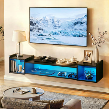 55.1" W Floating TV Stand with LED, Power Strip for 50/55/60/65" TV Black