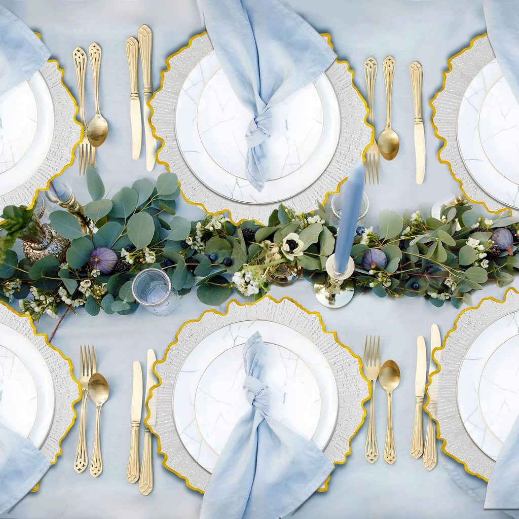 Acrylic Gold Rim Reef Charger Plates 10PCS, 13inch Plastic Floral Charger Plates Wedding for Dinner (10, Reef Clear)