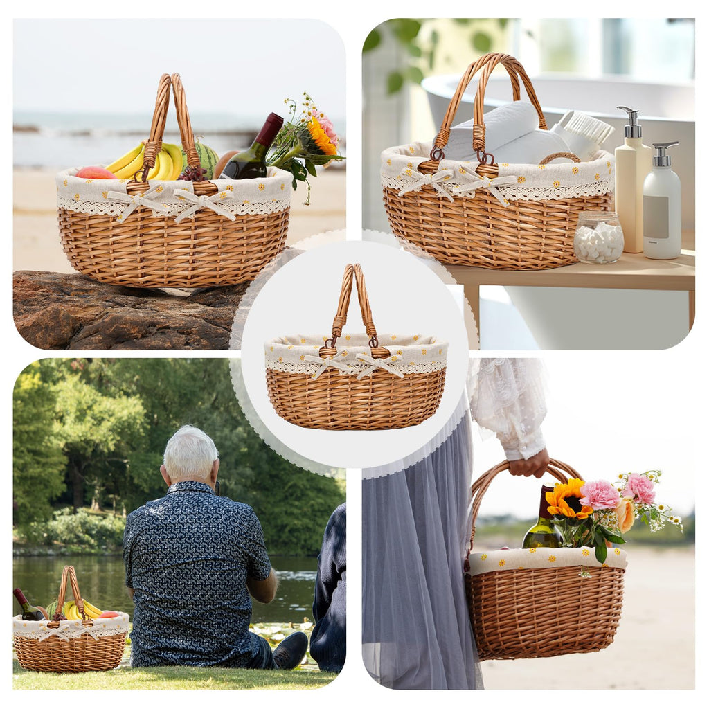 Good GAIN Wicker Picnic Basket w/Fold Handles, Willow Empty Baskets, Yellow