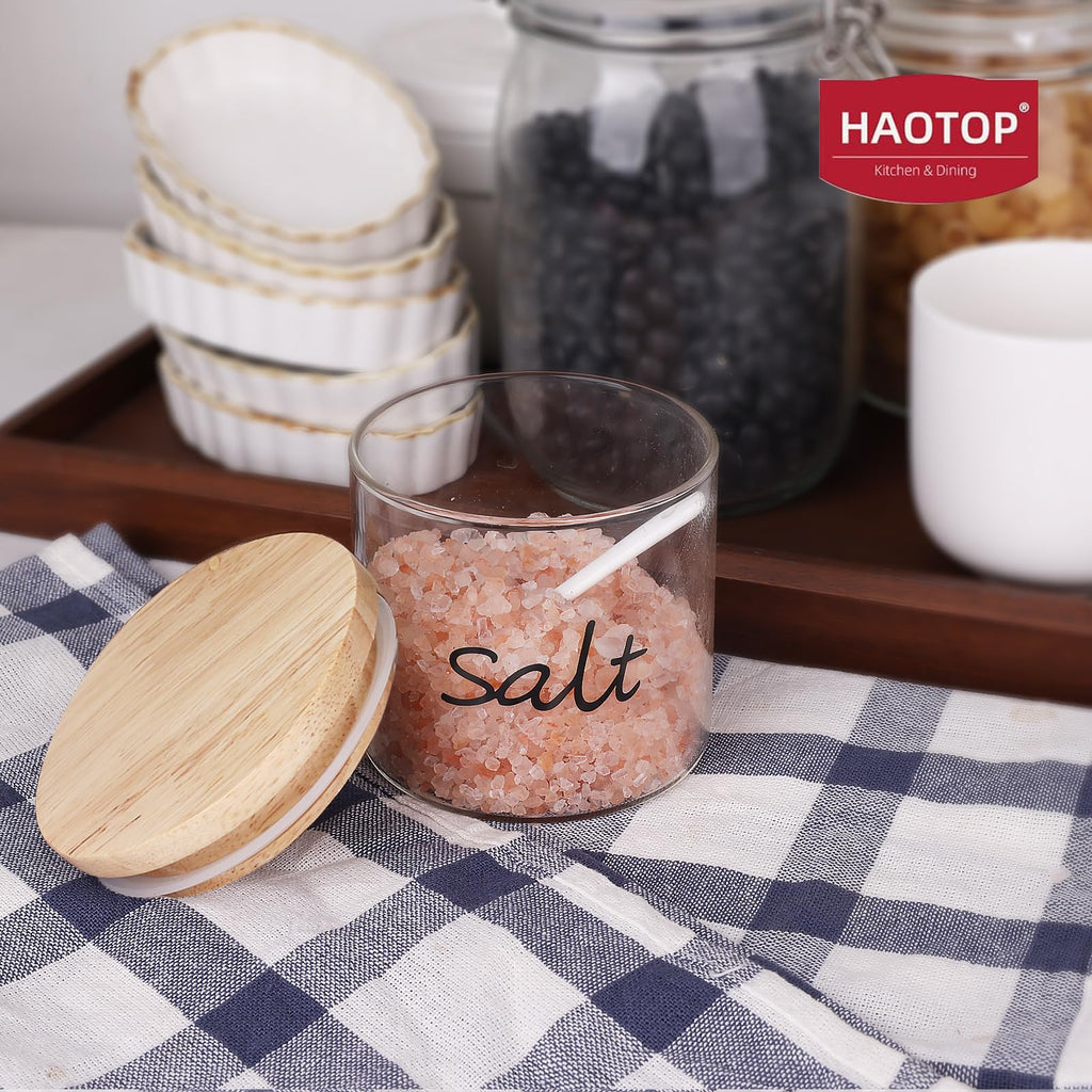 Clear Glass Salt Bowl with Spoon and Silicone Sealing Lid, Farmhouse Kitchen Countertop Canisters, Container Jar