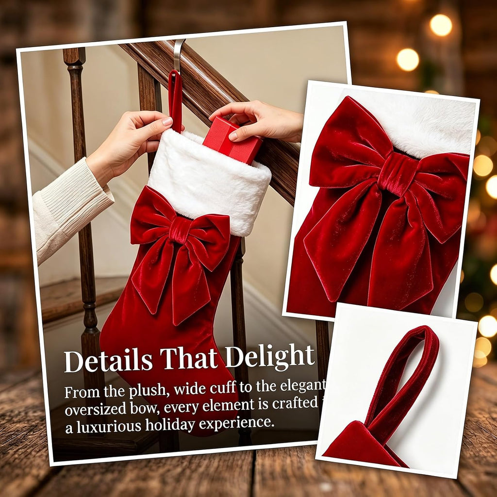 18" Red Velvet Christmas Stockings 2 Pack, Fluffy Faux Fur Mantel Decor