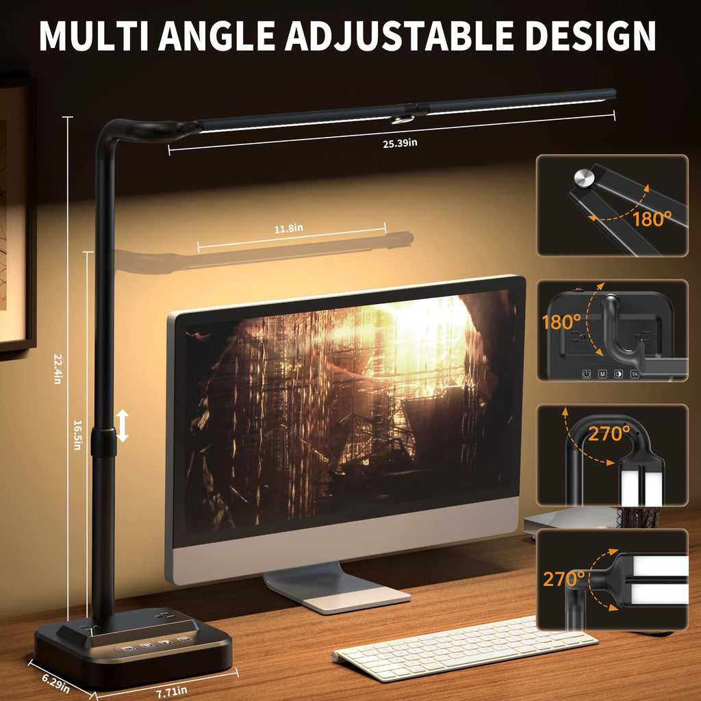 LED Desk Lamp, Ultra Wide Computer Light, Dimmable Desk Light with USB Fast Charger, Adjustable Foldable Eye Caring