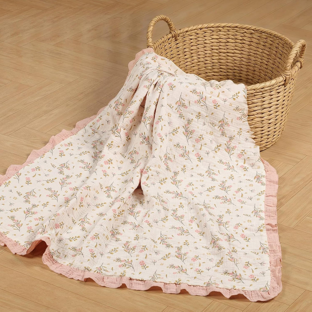 Organic Baby Blanket Flounce Edge Large 50"x43" Floral, 100% Muslin Cotton Super Soft Breathable Toddler Quilt Crib