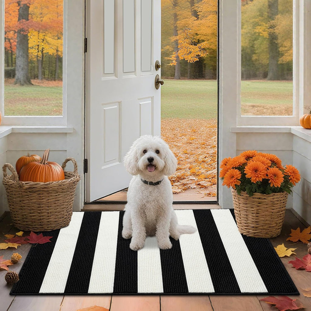 Black and White Outdoor Rug,32"x48" Front Porch Rug Absorbent Rubber Backed Non Slip Striped Rug Machine Washable