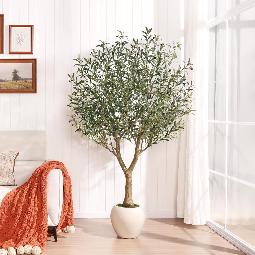 6FT Olive Trees Artificial Indoor with 12in White Round Planter