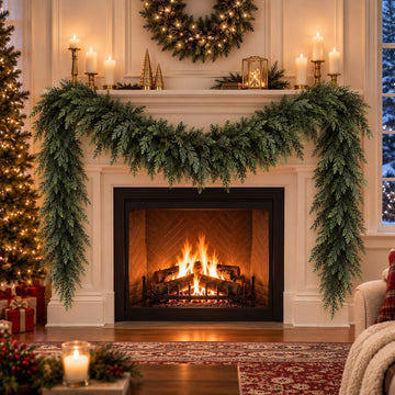 9 Ft Christmas Cedar Garland, Real Touch Faux Pine for Mantle & Fireplace