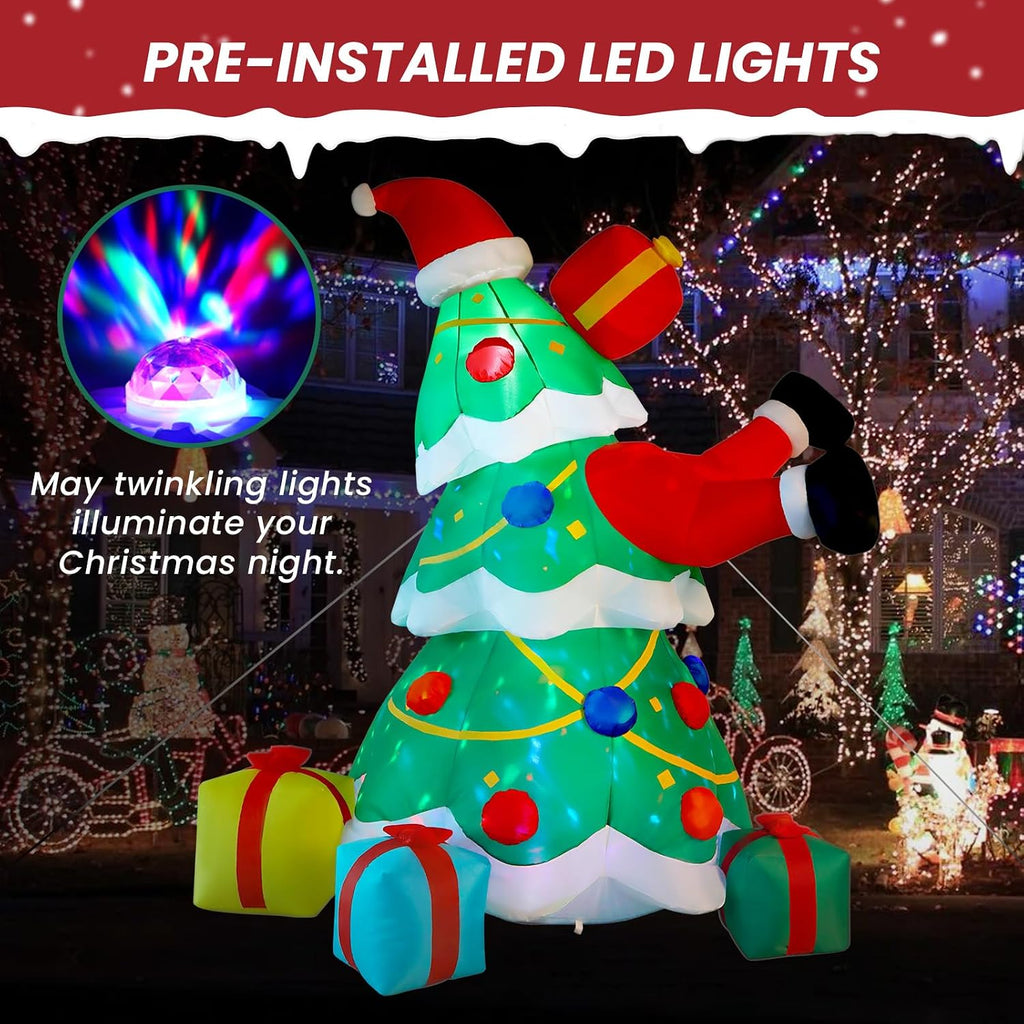 7FT Inflatable Christmas Tree Decorations Outdoor with Built-in LEDs Lights, Blow Up Santa Claus Tree with 4 Gift