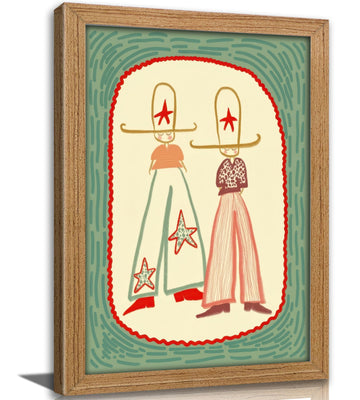 Framed Retro Cowgirl Wall Art, Vintage Western Sta Painting Canvas Prints, Whimsical Boho Cowboy Illustration