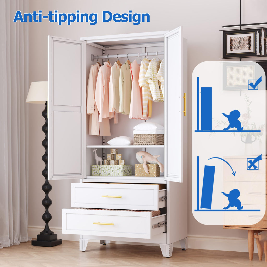 Steel Armoire Wardrobe Closet with Mirror and 2 Drawers 71" White