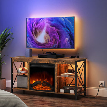 Fireplace TV Stand with Charging Station and LED Lights, TV Stand with Fireplace for TVs up to 55", Entertainment