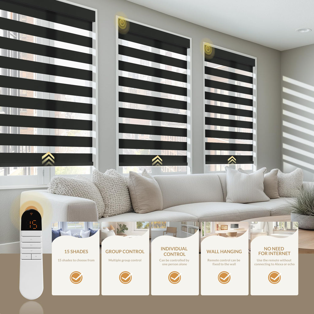 Motorized Zebra Blinds with Remote, 65% Filtering Zebra Roller Window Shades, Wireless Electric Zebra Blinds, Built