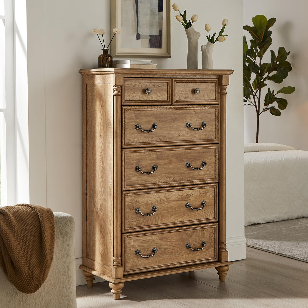 Farmhouse 6-Drawer Dresser with Solid Wood Feet, Light Tree Knot