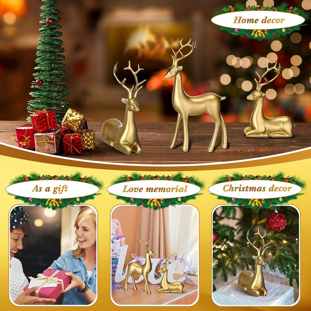 8 Pcs Christmas Reindeer Figurines Sitting Standing Statues, Gold