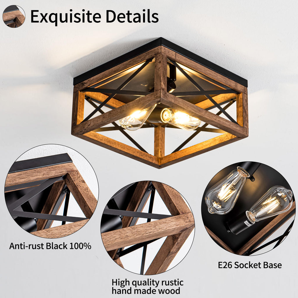Farmhouse Ceiling Light, 2-Light Wood Ceiling Light