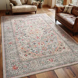 Washable Rug 4x6, Beige Area Rugs Non Slip, Indoor Low Pile Carpet with Rubber Backing Kitchen Bathroom Entryway