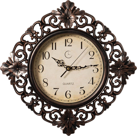 Clockswise 11" Classic Round Decorative Hanging Wall Clock with Ornate Floral Scroll Frame in Vintage Distressed