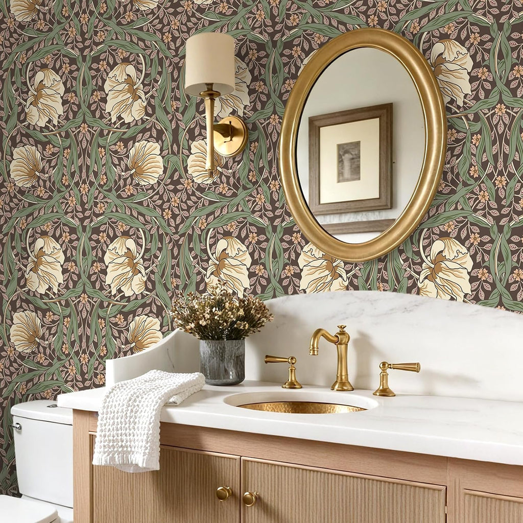 Vintage Dark Earth Floral Wallpaper Peel and Stick William Morris Wallpaper Pimpernel Wall Mural 17.7''x354'' Self