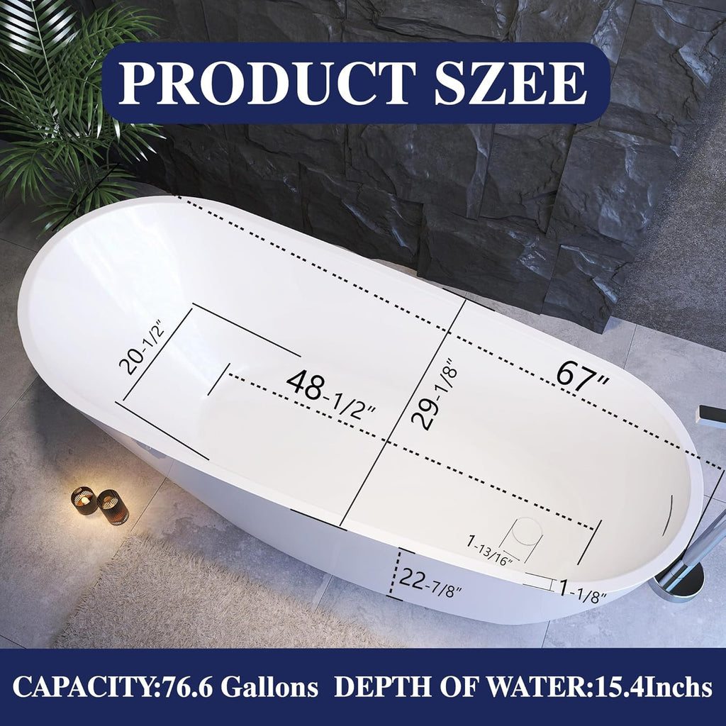 67" Acrylic Free Standing Tub, Stand Alone Tub, Freestanding Bathtub, Soaking Bathtub, cUPC Certified, CM(Glossy White)