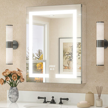 LED Lighted Medicine Cabinet Mirror 20 x 26 Tempered Glass Recessed or Wall Mounted Cabinet with Storage & Outlets &