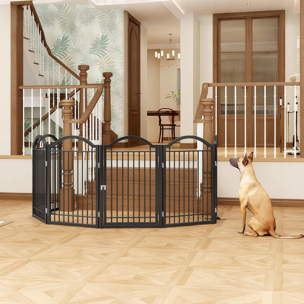 Metal No-Assembly Freestanding Dog Gate with Door Walk Through, Extra Wide 120", Extra Tall 32" Pet Gate, Accordion