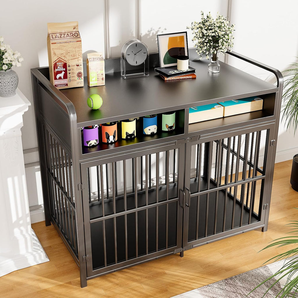 Large Dog Crate Furniture with Drawers Storage, Puppy Dog Kennel Indoor with Double Doors, Heavy Duty Wooden Dog Cage