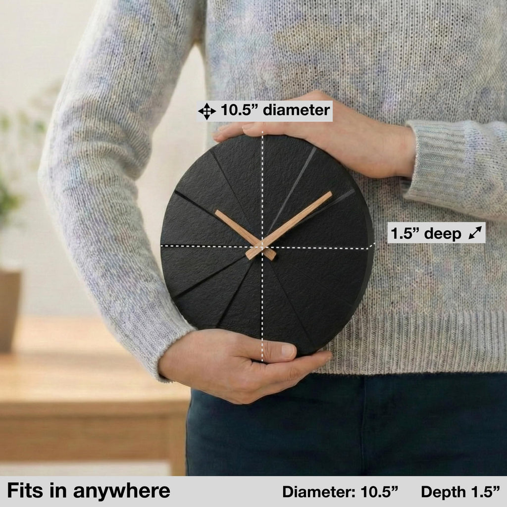 Modern Wall Clock with No Numbers and Wooden Hands. Black, 10.5 Inch