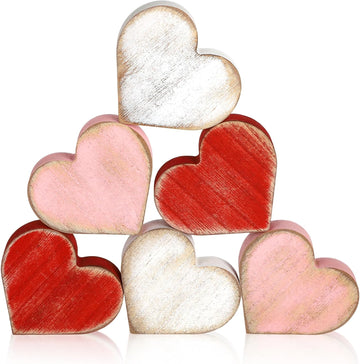 Wooden Valentine's Day Hearts Decorations Indoor, Wood Heart Blocks Tiered Tray Decor, Red Pink White - Set of 6